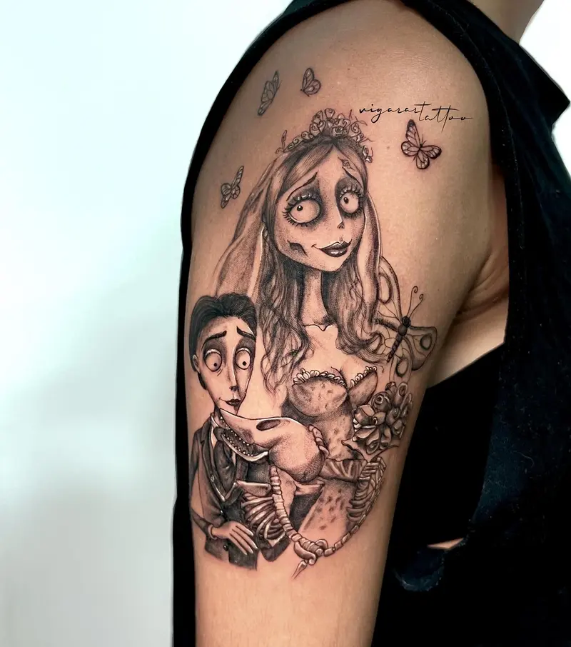 Personajes inspirados en Tim Burton con mariposas, blackwork.