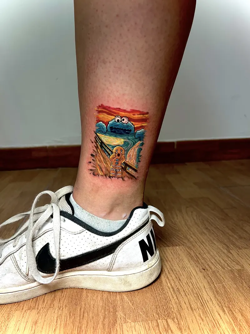 Parodia a color inspirada en “El grito”: monstruo azul al fondo y galleta de jengibre en primer plano.