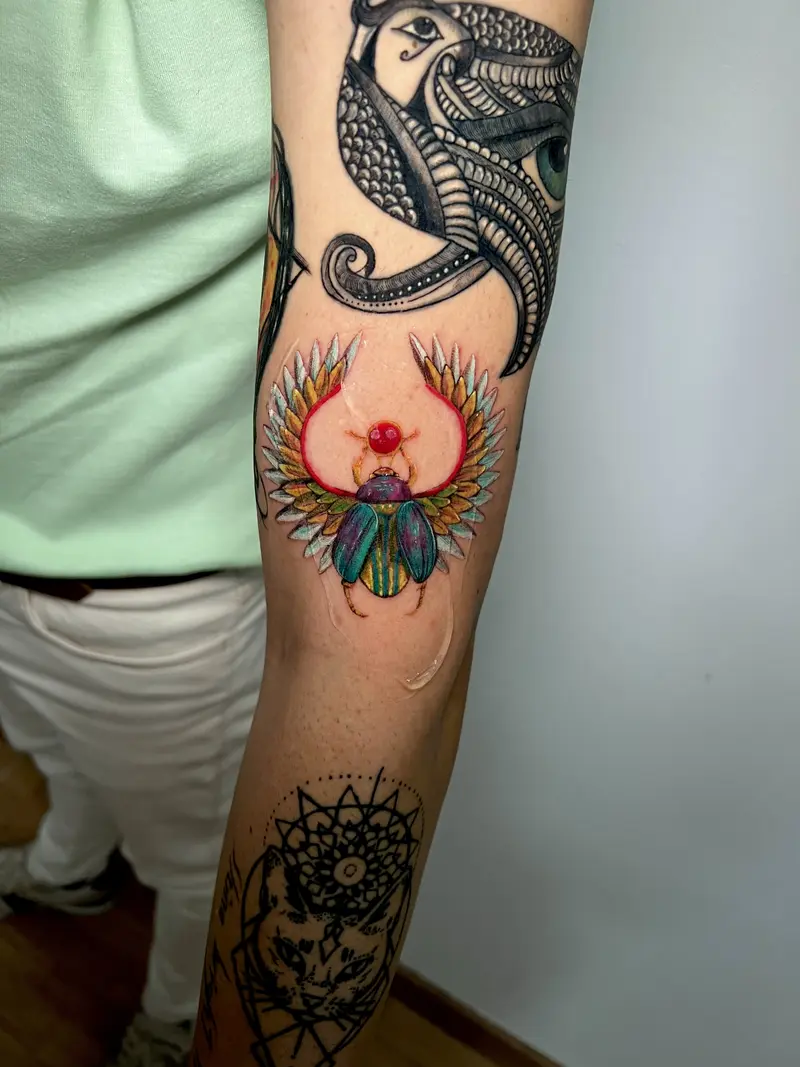 Escarabajo/coleóptero a color con alas abiertas y esfera roja central, composición simétrica detallada.